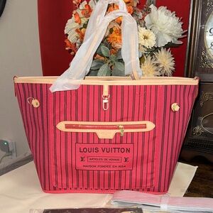 Pink and Brown Striped Canvas Tote Bag Reverse